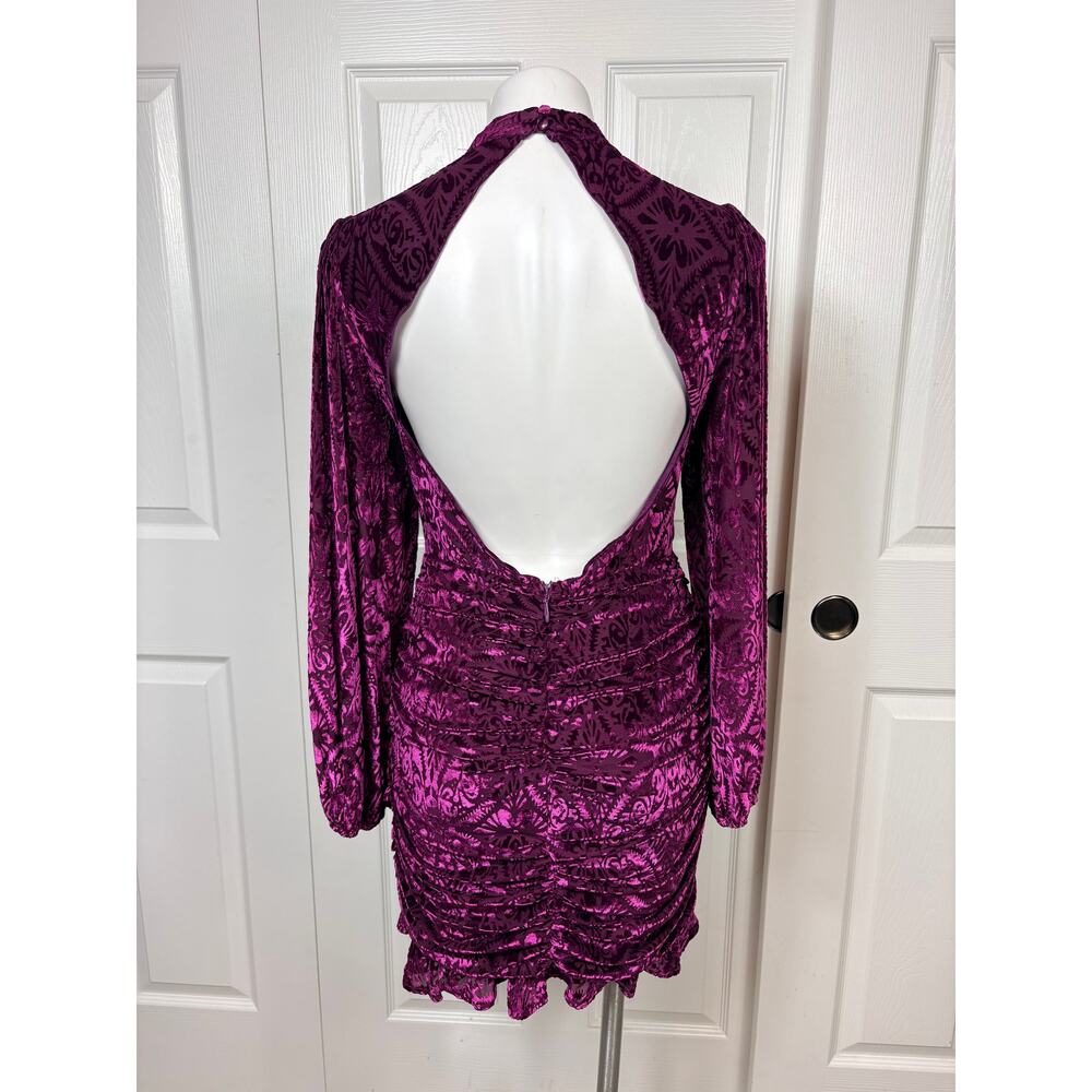 Vici High Neck Purple MIni Cocktail Dress Ruched Velvet Open Back Long Sleeve M - Picture 5 of 12